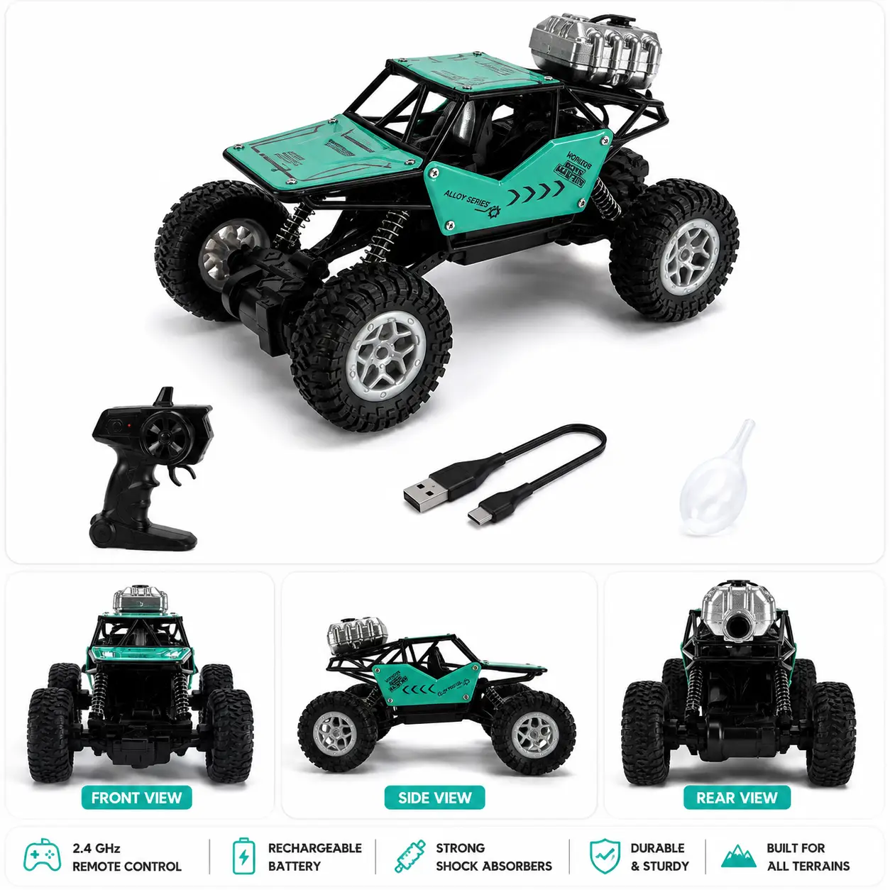 Side view of rechargeable RC off road climbing toy car